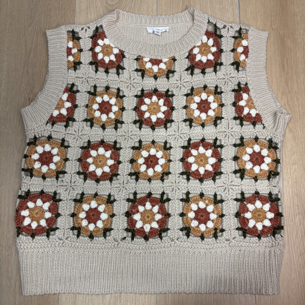 AnnieWear Los Angeles Granny Square Crochet Sweater Vest Cream Multicolor XL